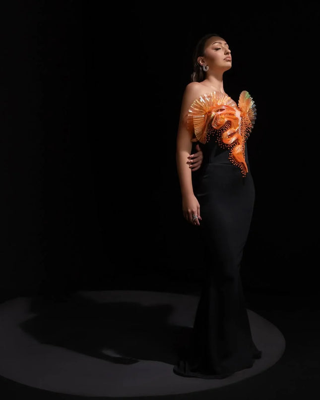 Black & Sunset Pearl Embellished Strapless Dress