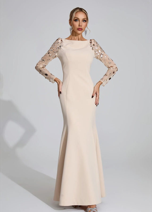 Champagne Crystal Sleeve Evening Gown