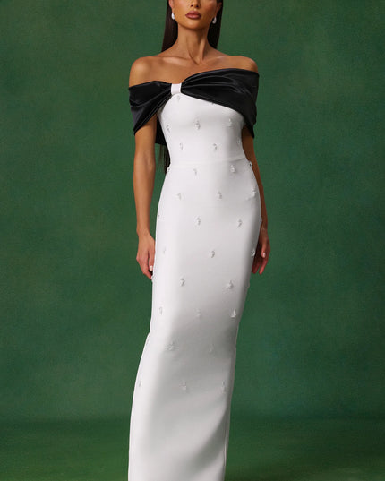 Pearl-Beaded Off-Shoulder Gown