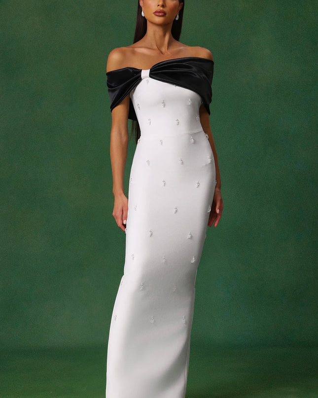 Pearl-Beaded Off-Shoulder Gown