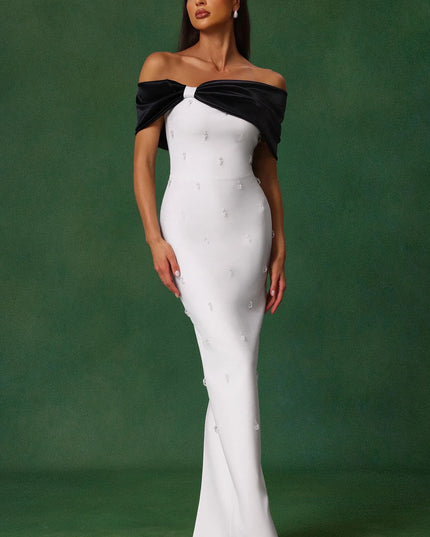 Pearl-Beaded Off-Shoulder Gown