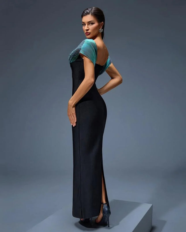 Iridescent Off-Shoulder Mermaid Gown with Beaded V-Neck