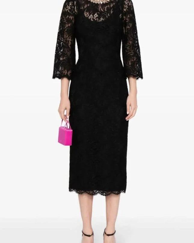 Black Lace Scalloped Midi Dress with Jeweled Collar