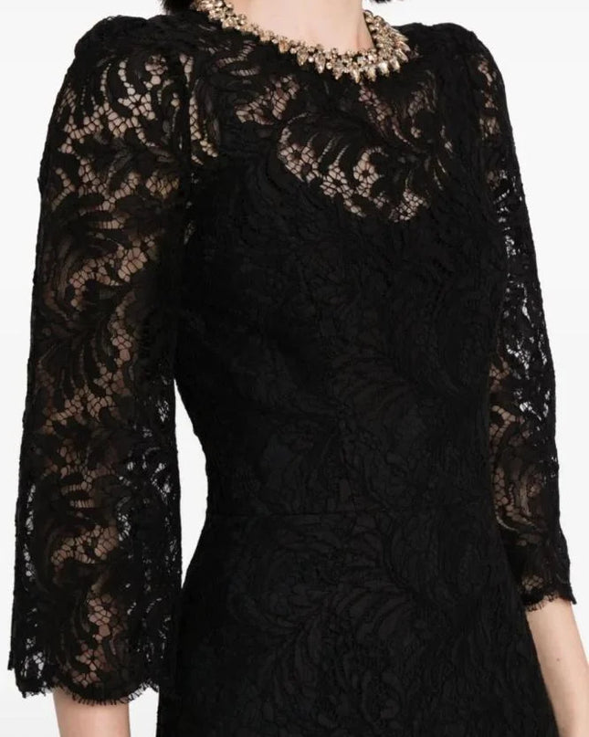 Black Lace Scalloped Midi Dress with Jeweled Collar