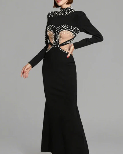 Gala Glamour Pearl Cut-Out Maxi Dress