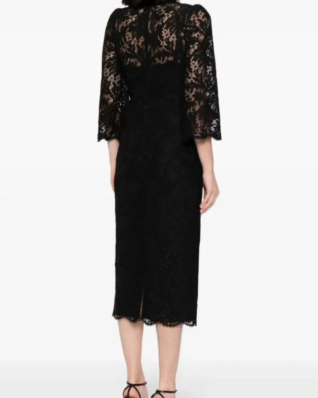 Black Lace Scalloped Midi Dress with Jeweled Collar