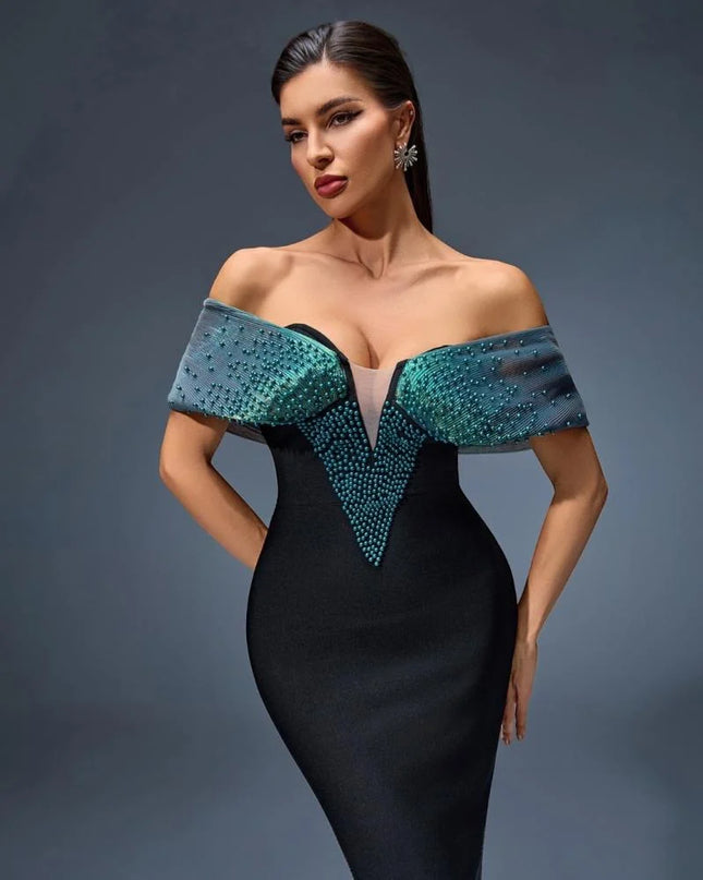 Iridescent Off-Shoulder Mermaid Gown with Beaded V-Neck