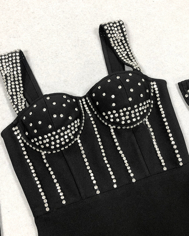Crystal Bustier Structured Maxi Dress with Gloves