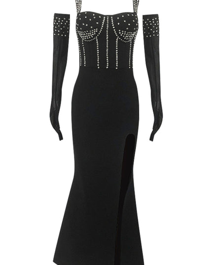 Crystal Bustier Structured Maxi Dress with Gloves