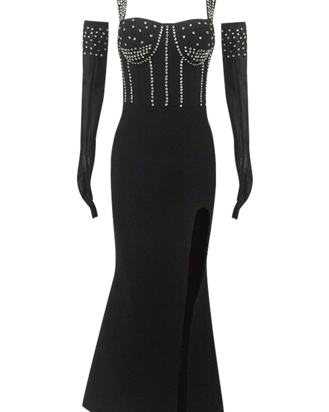 Crystal Bustier Structured Maxi Dress with Gloves