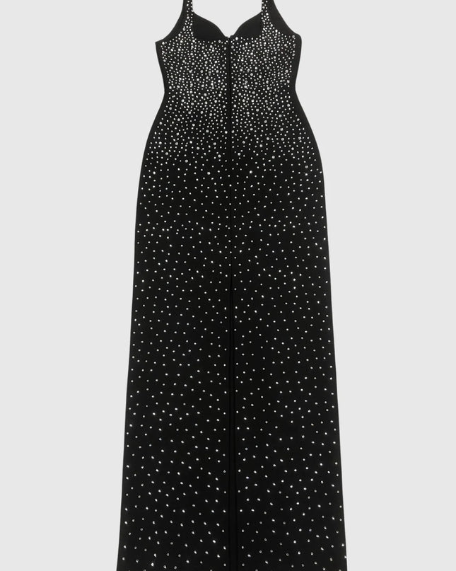 Sparkle-Stripe Bandage Maxi Dress with Crystal Collar