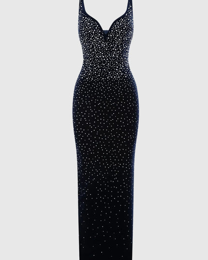 Sparkle-Stripe Bandage Maxi Dress with Crystal Collar