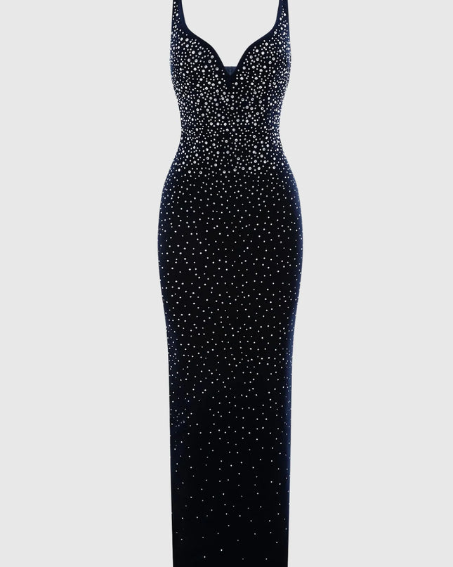Sparkle-Stripe Bandage Maxi Dress with Crystal Collar