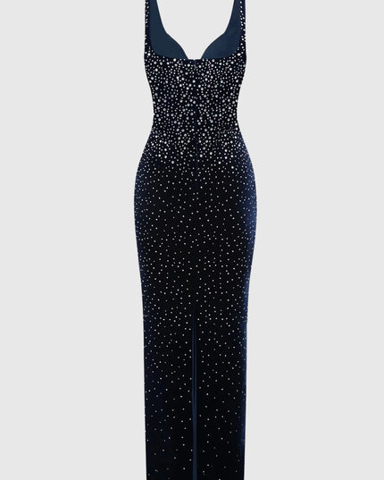 Sparkle-Stripe Bandage Maxi Dress with Crystal Collar