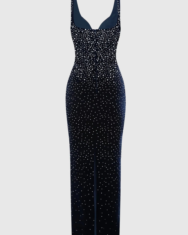 Sparkle-Stripe Bandage Maxi Dress with Crystal Collar