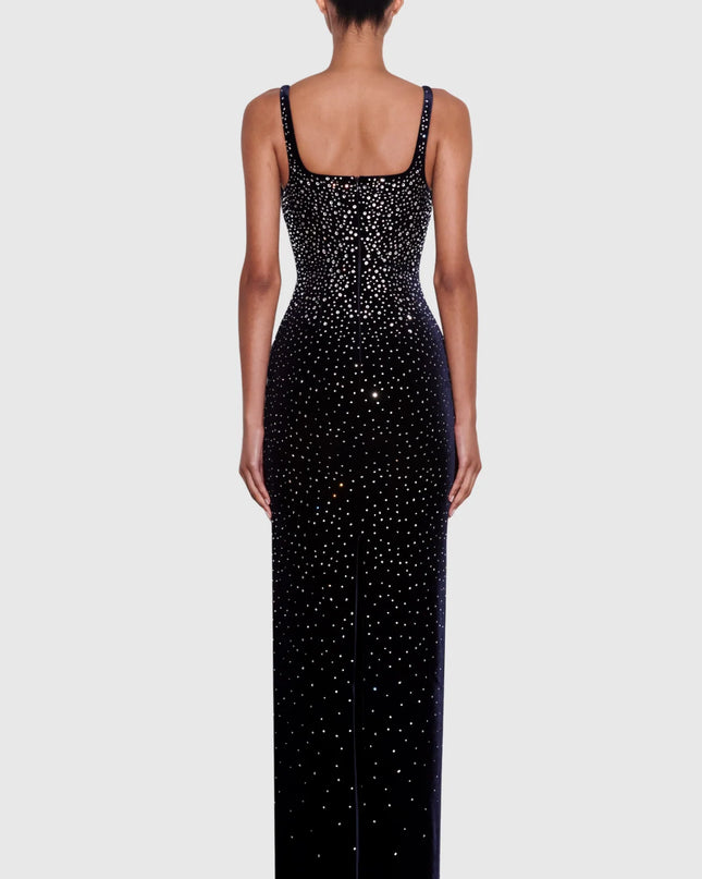 Sparkle-Stripe Bandage Maxi Dress with Crystal Collar