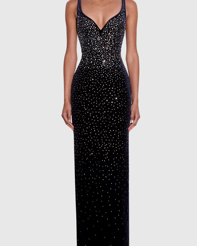 Sparkle-Stripe Bandage Maxi Dress with Crystal Collar
