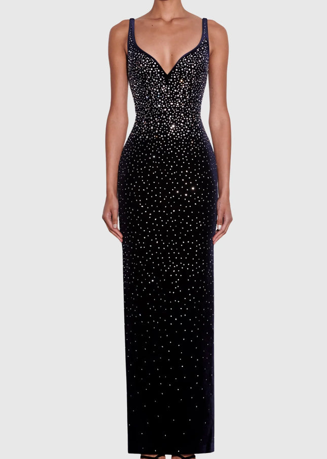 Sparkle-Stripe Bandage Maxi Dress with Crystal Collar