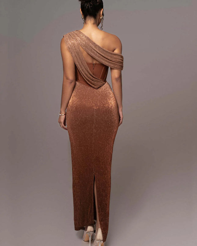 The Aurora Copper Corset Maxi Dress