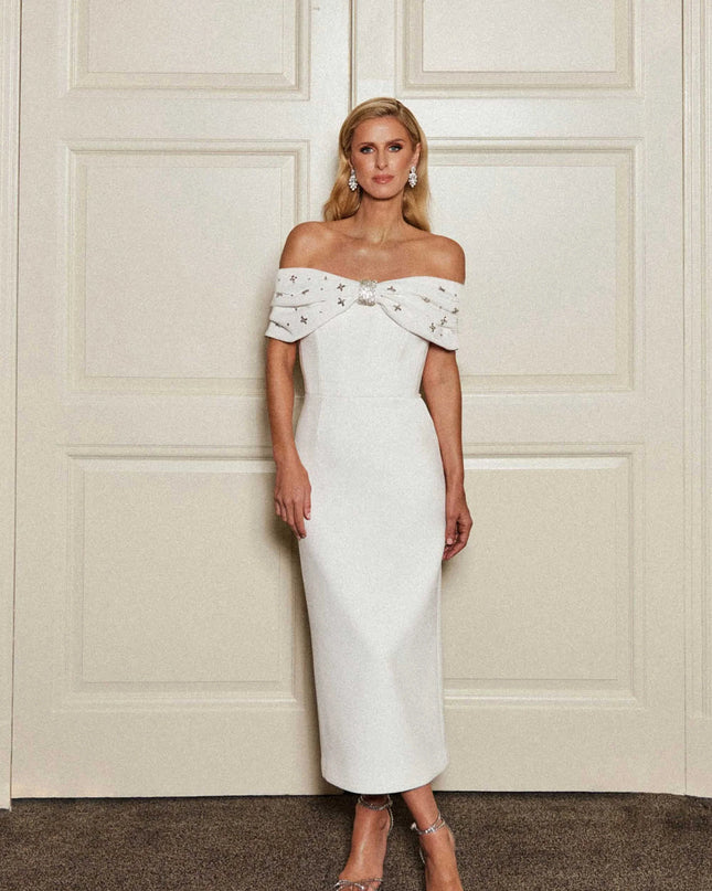 Ivory Glamour Off-Shoulder Midi Dress