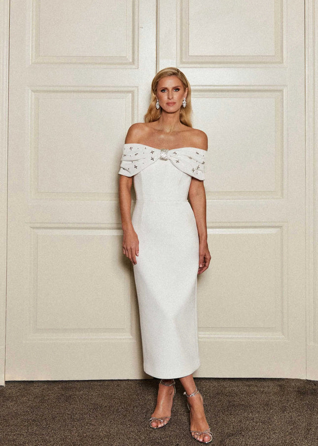 Ivory Glamour Off-Shoulder Midi Dress