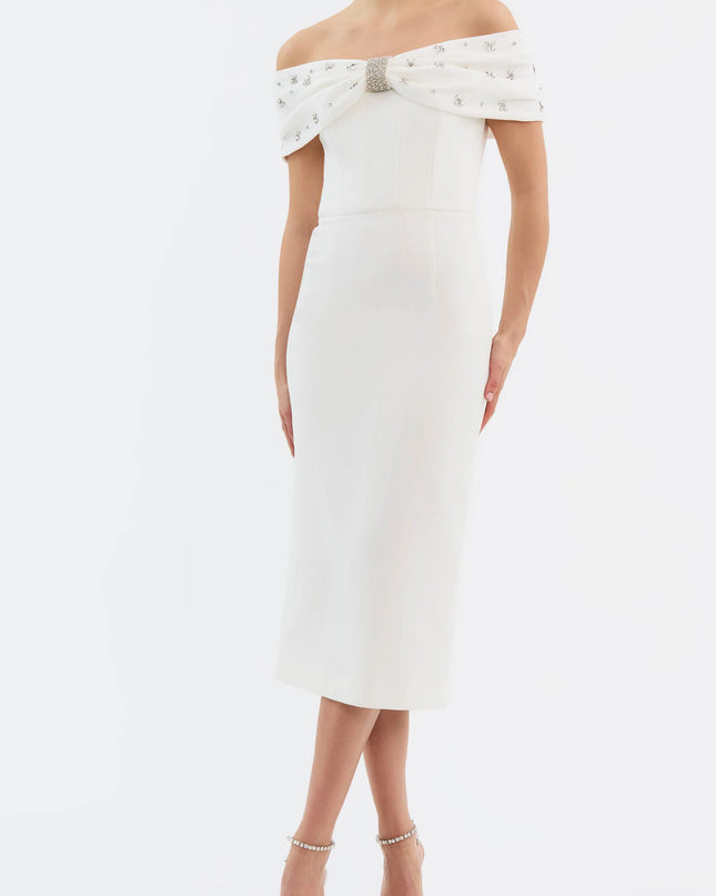 Ivory Glamour Off-Shoulder Midi Dress
