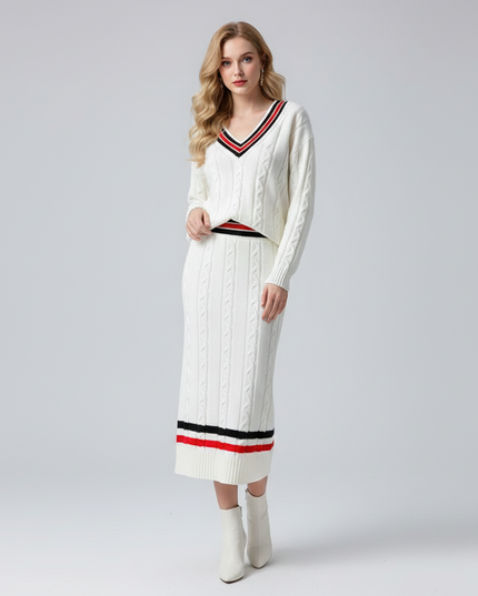 The Heritage Cable Knit Set: V-Neck Sweater & Midi Skirt with Varsity Stripe Detail