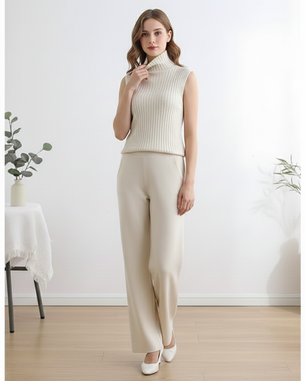 The Cashmere-Blend Luxe Trio: Duster Cardigan, Ribbed Turtleneck Vest & Wide-Leg Trousers