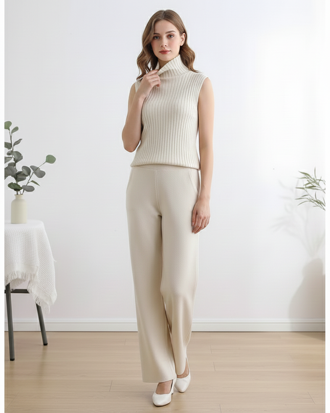 The Cashmere-Blend Luxe Trio: Duster Cardigan, Ribbed Turtleneck Vest & Wide-Leg Trousers