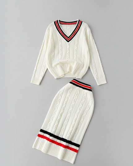 The Heritage Cable Knit Set: V-Neck Sweater & Midi Skirt with Varsity Stripe Detail