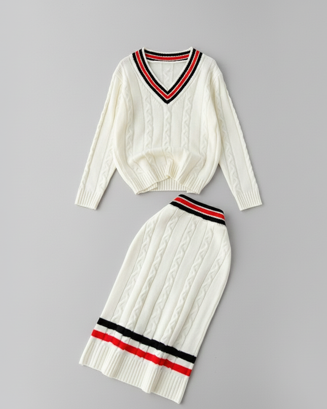 The Heritage Cable Knit Set: V-Neck Sweater & Midi Skirt with Varsity Stripe Detail