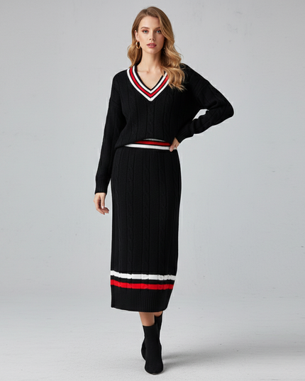 The Sleek Black Cable Knit Set: V-Neck Sweater & Midi Skirt with Contrast Tipping