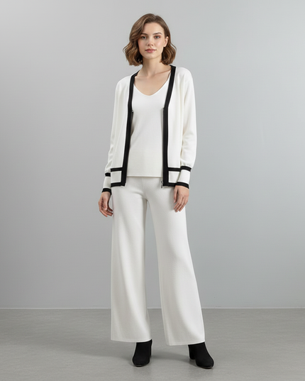 The Monochromatic Chic Knit Lounge Set: Cardigan, Tank & Wide-Leg Pants