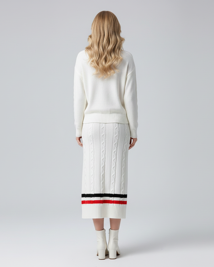 The Heritage Cable Knit Set: V-Neck Sweater & Midi Skirt with Varsity Stripe Detail