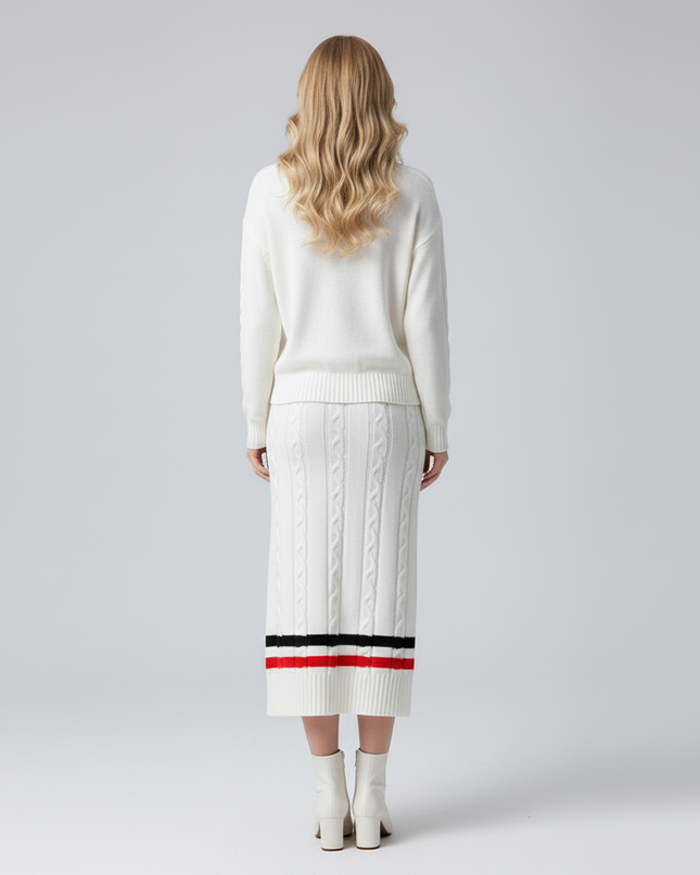 The Heritage Cable Knit Set: V-Neck Sweater & Midi Skirt with Varsity Stripe Detail