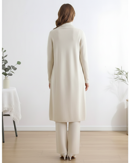 The Cashmere-Blend Luxe Trio: Duster Cardigan, Ribbed Turtleneck Vest & Wide-Leg Trousers