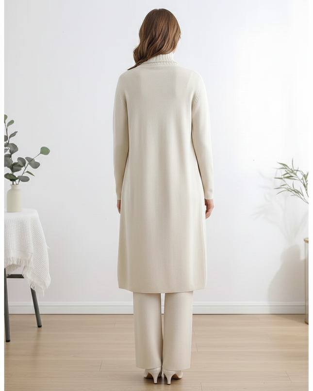 The Cashmere-Blend Luxe Trio: Duster Cardigan, Ribbed Turtleneck Vest & Wide-Leg Trousers