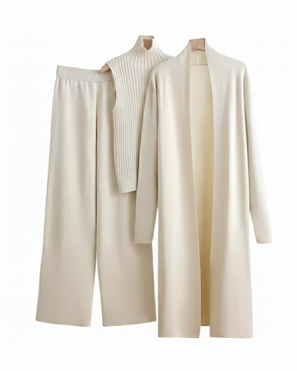 The Cashmere-Blend Luxe Trio: Duster Cardigan, Ribbed Turtleneck Vest & Wide-Leg Trousers