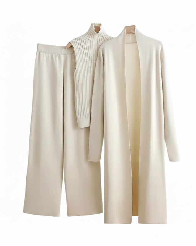 The Cashmere-Blend Luxe Trio: Duster Cardigan, Ribbed Turtleneck Vest & Wide-Leg Trousers