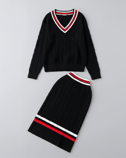 The Sleek Black Cable Knit Set: V-Neck Sweater & Midi Skirt with Contrast Tipping