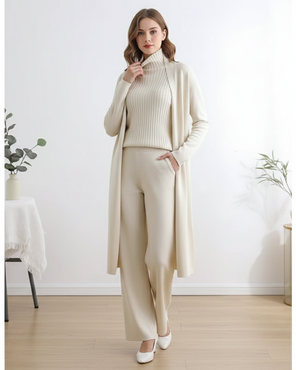 The Cashmere-Blend Luxe Trio: Duster Cardigan, Ribbed Turtleneck Vest & Wide-Leg Trousers