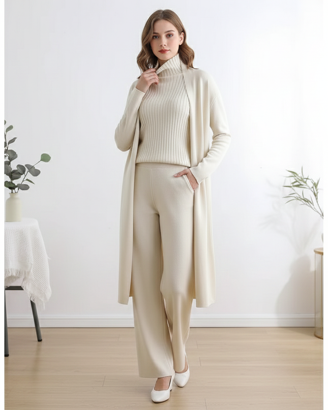 The Cashmere-Blend Luxe Trio: Duster Cardigan, Ribbed Turtleneck Vest & Wide-Leg Trousers