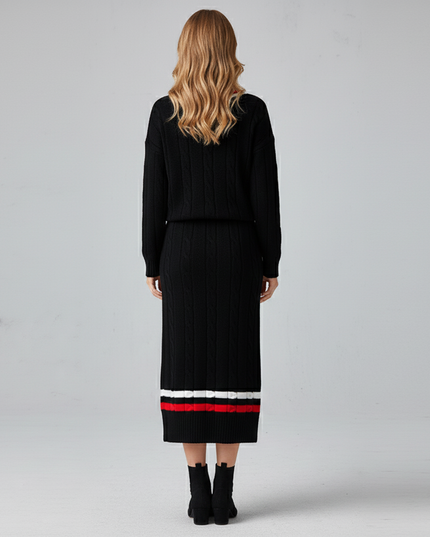 The Sleek Black Cable Knit Set: V-Neck Sweater & Midi Skirt with Contrast Tipping
