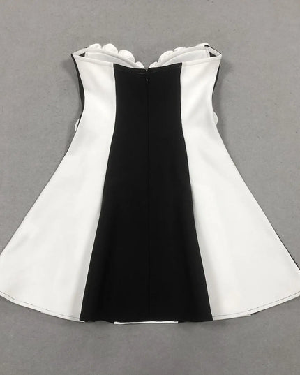 Monochrome Striped Corset Mini Dress with 3D Rosettes