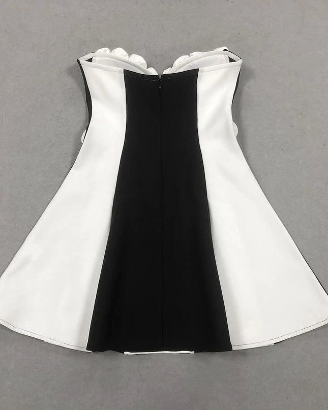 Monochrome Striped Corset Mini Dress with 3D Rosettes
