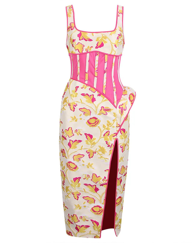 Floral & Fuchsia Corset Midi Dress