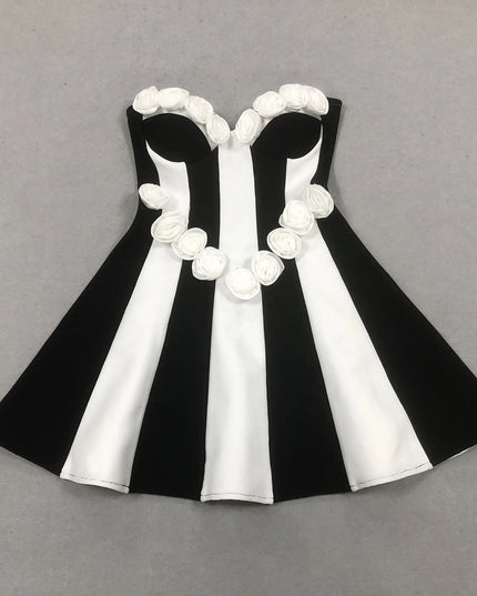 Monochrome Striped Corset Mini Dress with 3D Rosettes