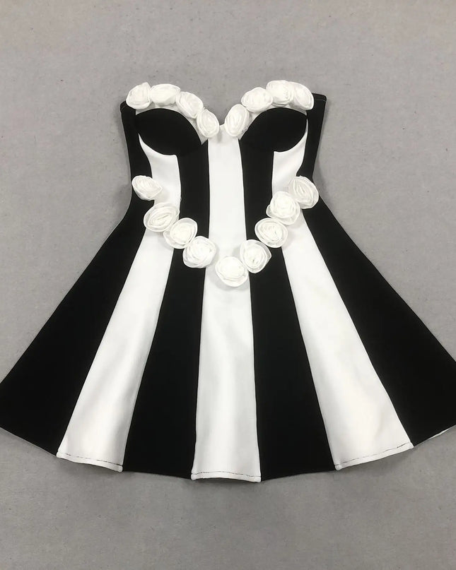 Monochrome Striped Corset Mini Dress with 3D Rosettes