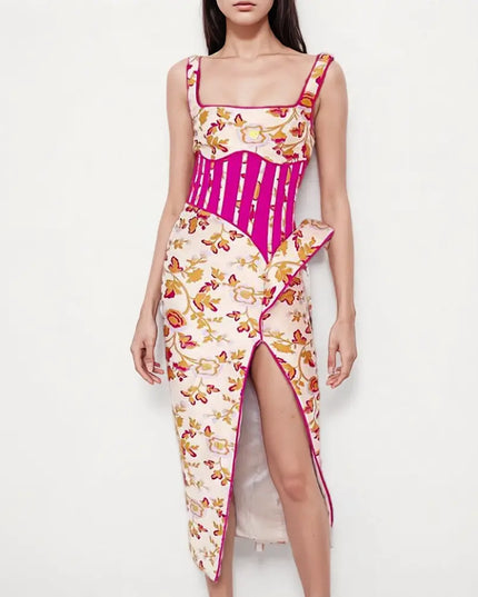 Floral & Fuchsia Corset Midi Dress