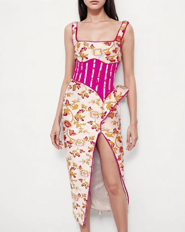 Floral & Fuchsia Corset Midi Dress